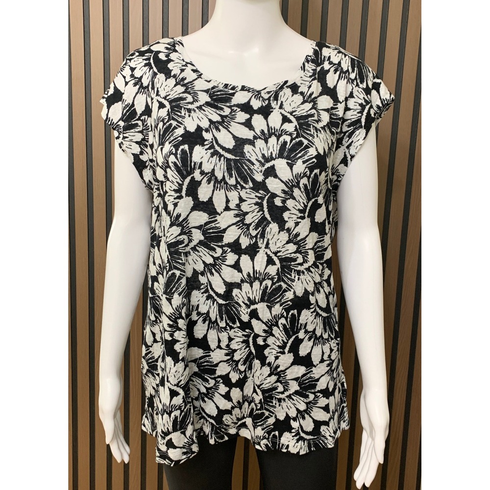 C&C California Linen Floral Button Back Top Black White Cap Sleeve Large